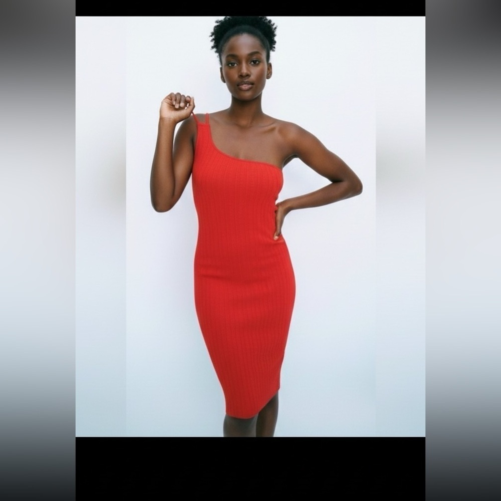 ZARA Electric Red cable knit one shoulder Bodycon midi dress size medium
